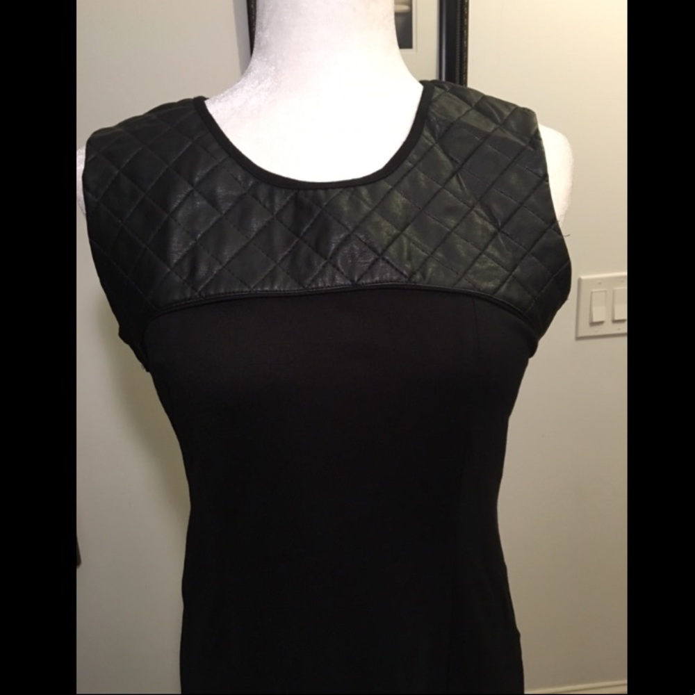 Black midi dress with faux leather shoulder